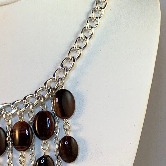 Silver Tone Curb Chain With Oval Tiger Eye Beads Choker Bib Necklace (NA96) - Picture 3 of 4